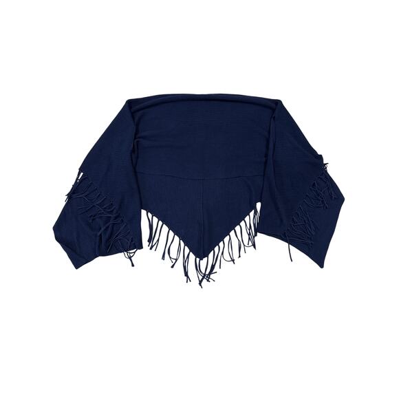 Chico’s Fringe Capelet Ruana Covering Wrap Navy Blue Knit Sz L / XL Office Boho - Picture 14 of 15